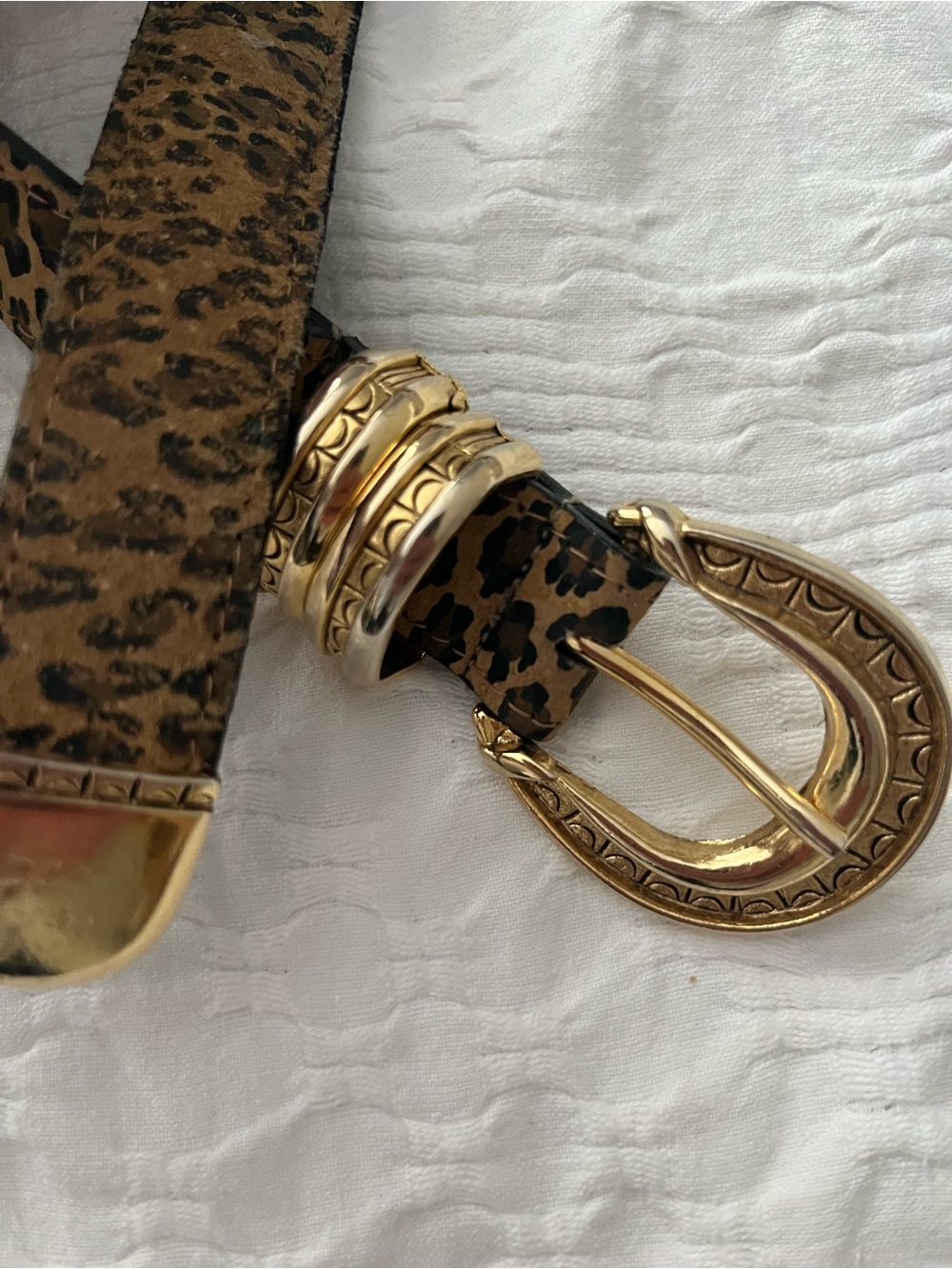 A.Brod  Leopard Print Leather Belt with Gold Buckle hardware